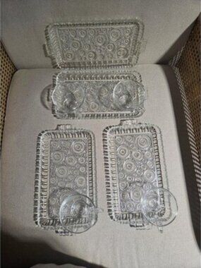 Vintage Anchor Hocking Colonial Lady Snack Set 4 Trays 4 Cups MCM Clear Glass